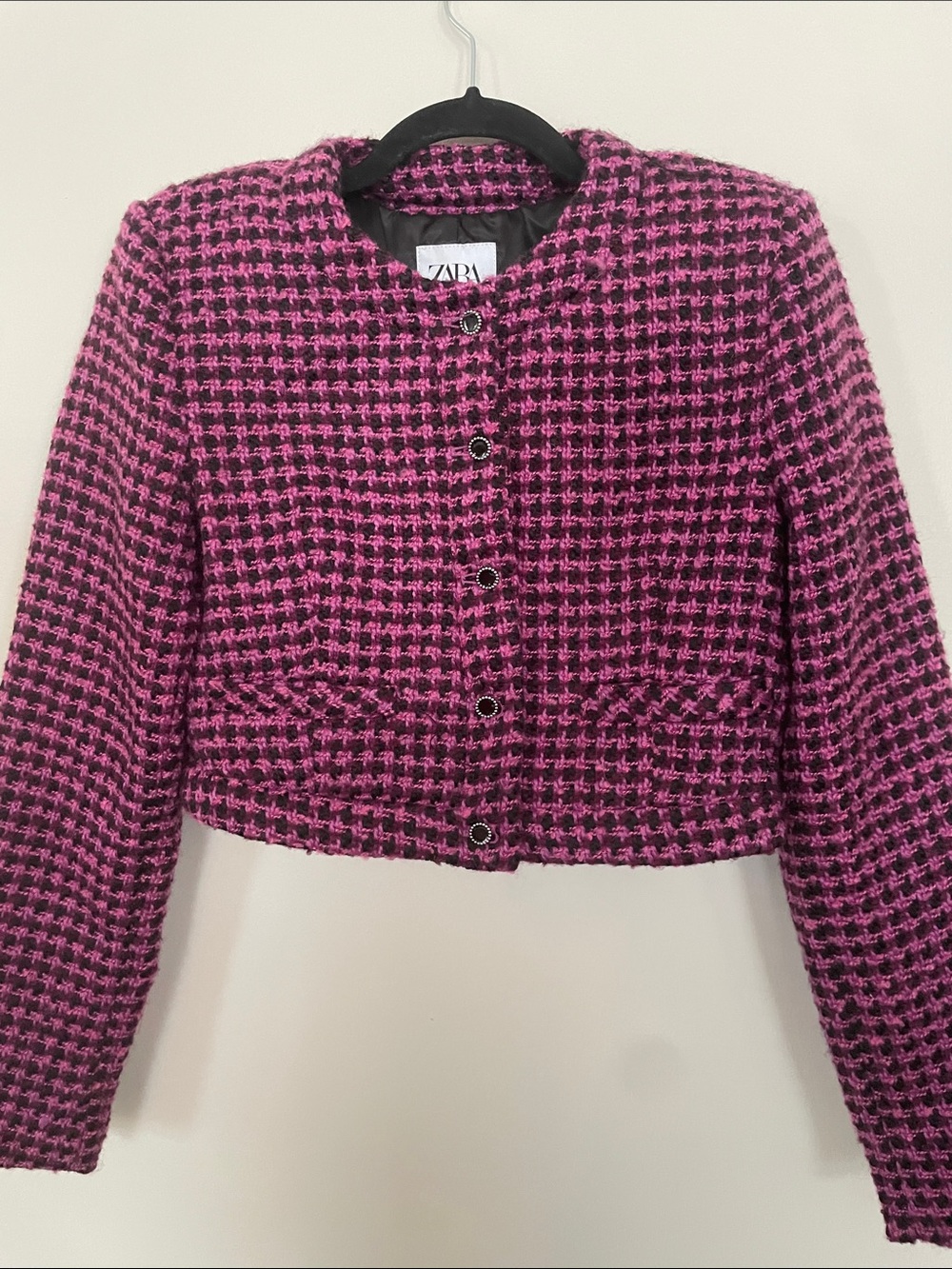Zara Pink & Black Houndstooth Cropped Blazer